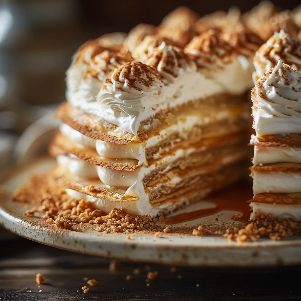 Decadent Vanilla & Speculoos Crêpe Cake with crushed cookie garnish.
