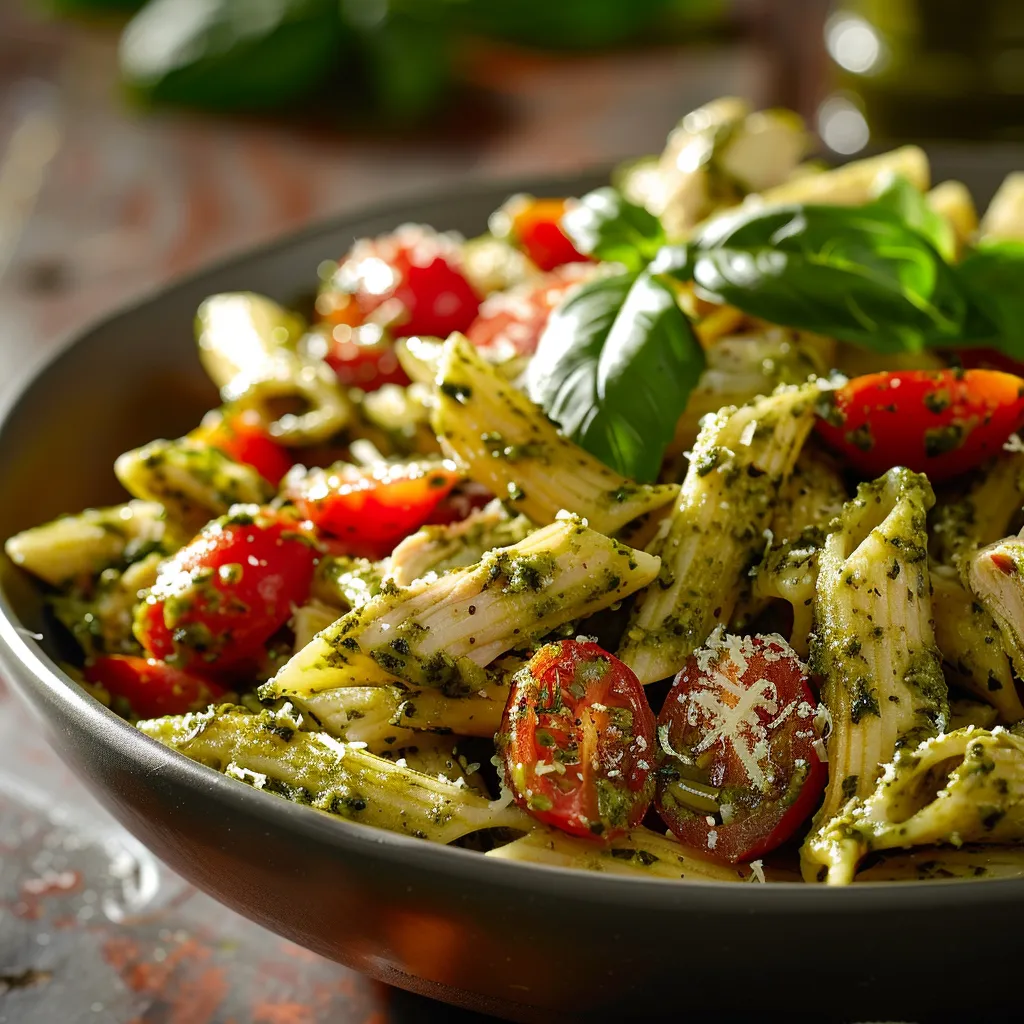Savory Chicken Pesto Pasta Salad with fresh basil, pasta, and a colorful arrangement of toppings.