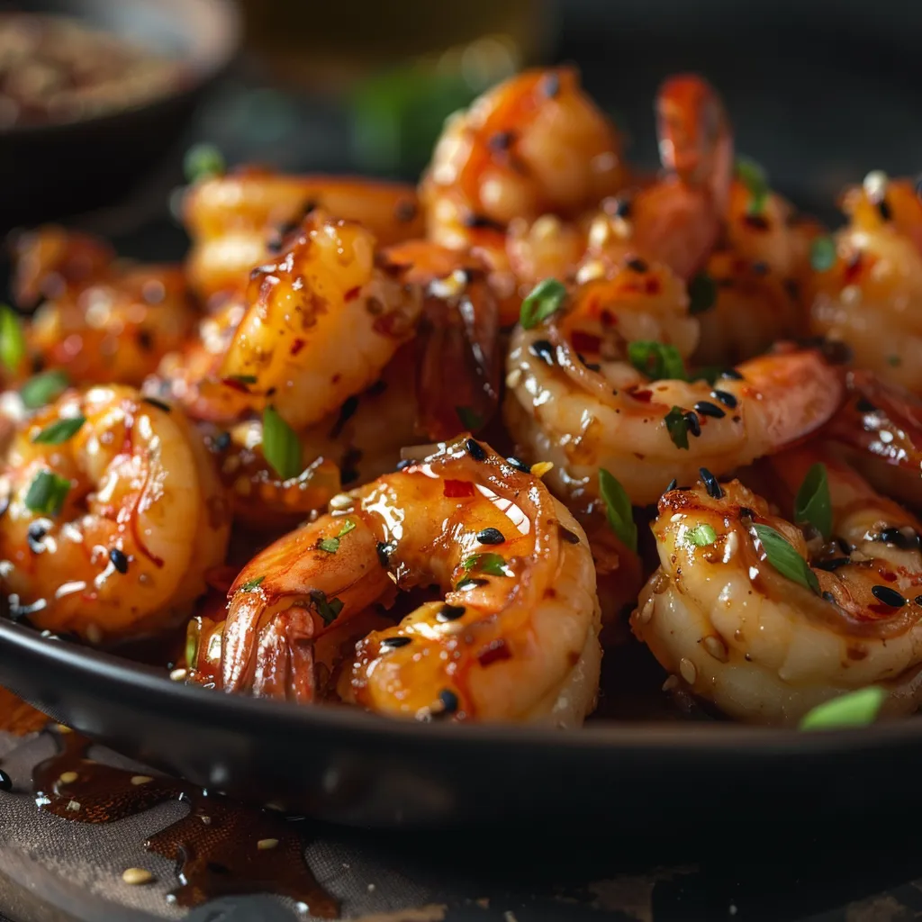 Appetizing shrimp cooked in honey garlic sauce with soft shadows and blurred background.