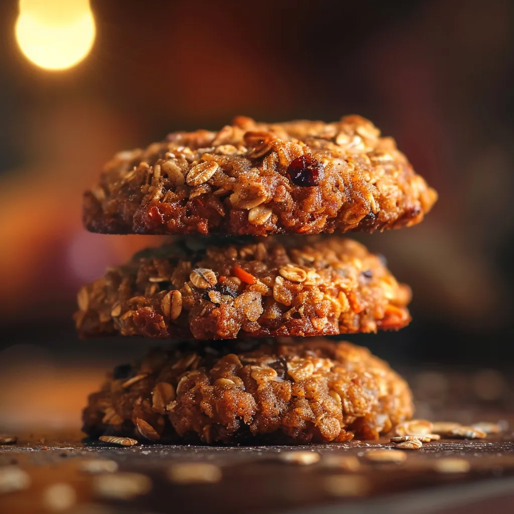 A plate of golden-brown Carrot Cake Oatmeal Cookies surrounded by blurred kitchen elements.