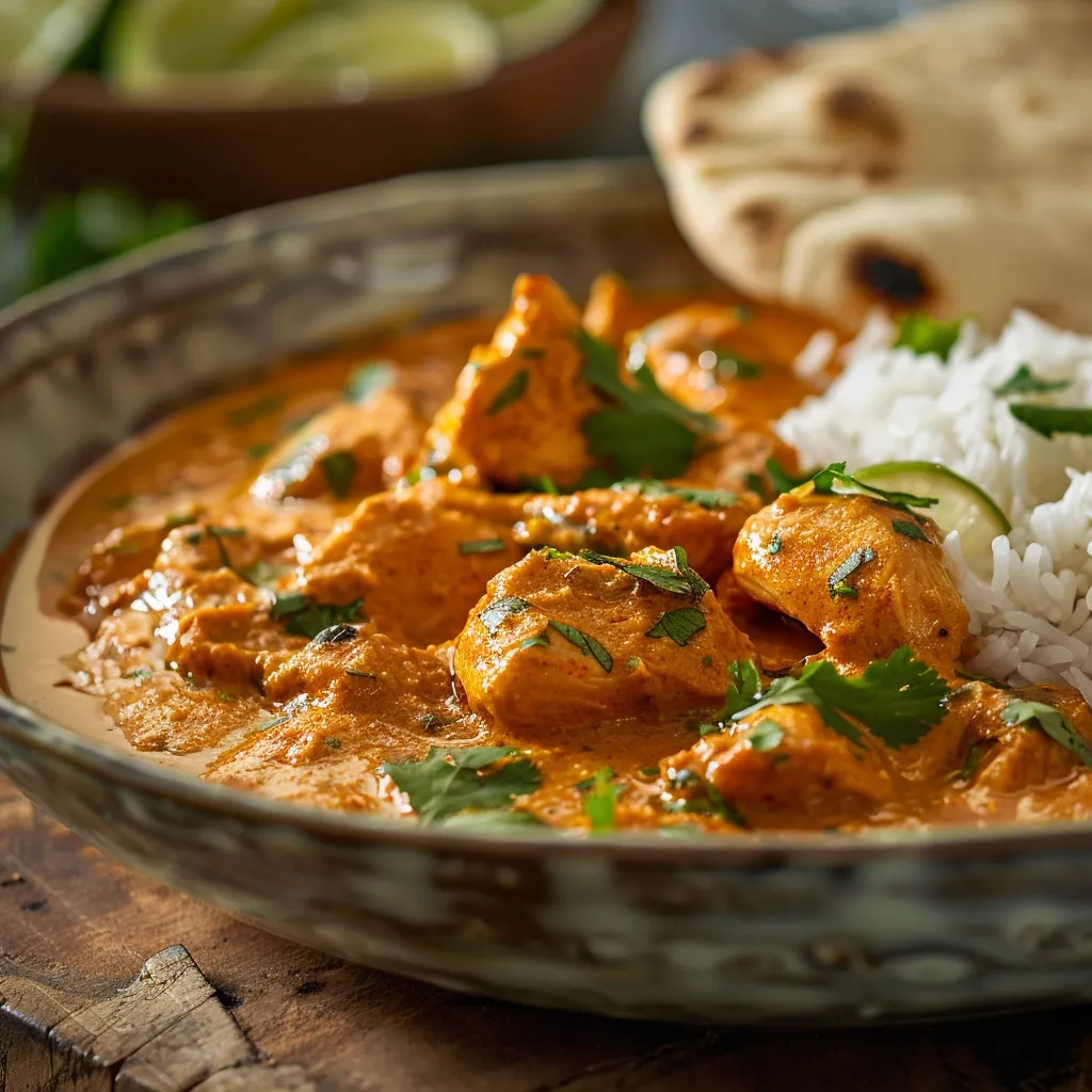 Delicious coconut chicken curry with vibrant colors, accompanied by rice and naan, captured in natural light.