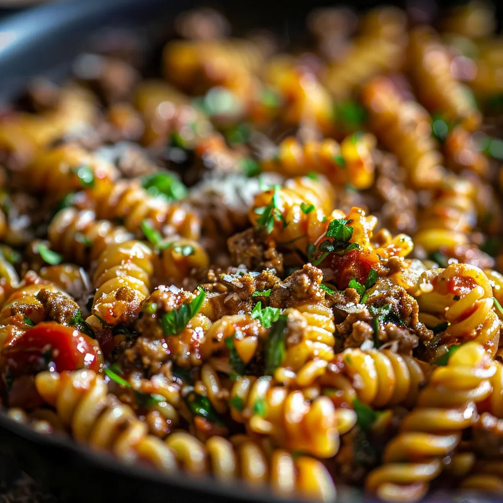 Delicious One Pan Healthy Ground Beef Pasta in a bowl, garnished with parmesan cheese and herbs.
