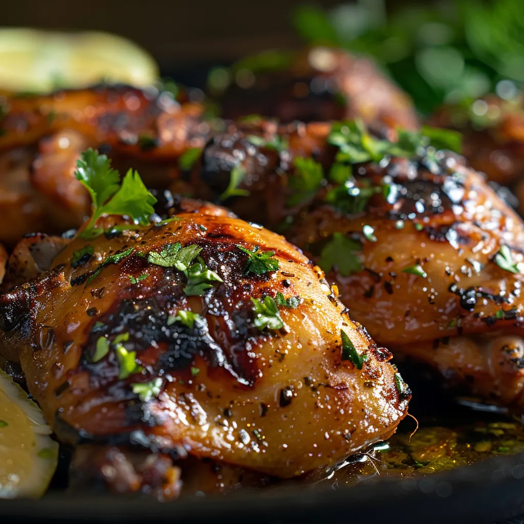 Eye-level shot of juicy Asado Chicken and lemon-infused zucchini, showcasing delectable textures in warm lighting.