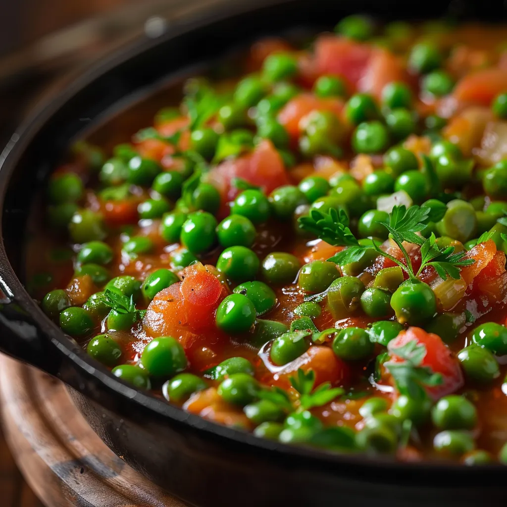 Eye-level shot of a hearty Greek Green Peas Stew with olive oil glistening on top.