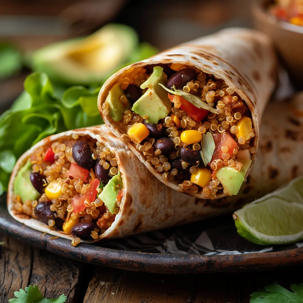 Eye-level shot of a whole wheat tortilla wrap with fresh veggies and beans, set against a soft background.