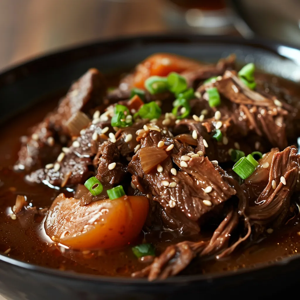Savory healthy Korean beef dish in a crock pot, highlighted with green onion and sesame seeds, with a blurred cozy background.