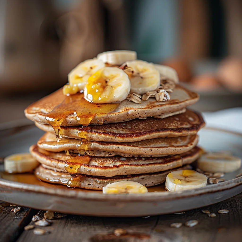Eye-level shot of high protein pancakes showcasing their texture, with soft shadows and a blurred cozy kitchen background.