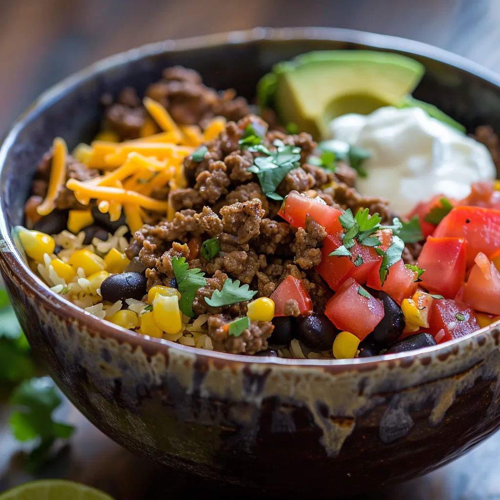 Mouthwatering Ground Beef Burrito Bowl filled with meat, beans, and vegetables in a cozy setting.