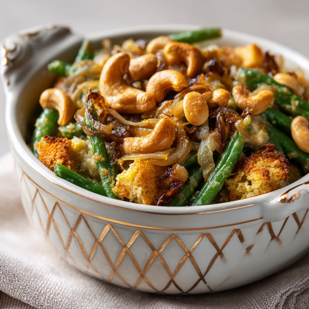 Delicious green bean casserole in a crockpot, featuring crispy onions and a rich, creamy texture.