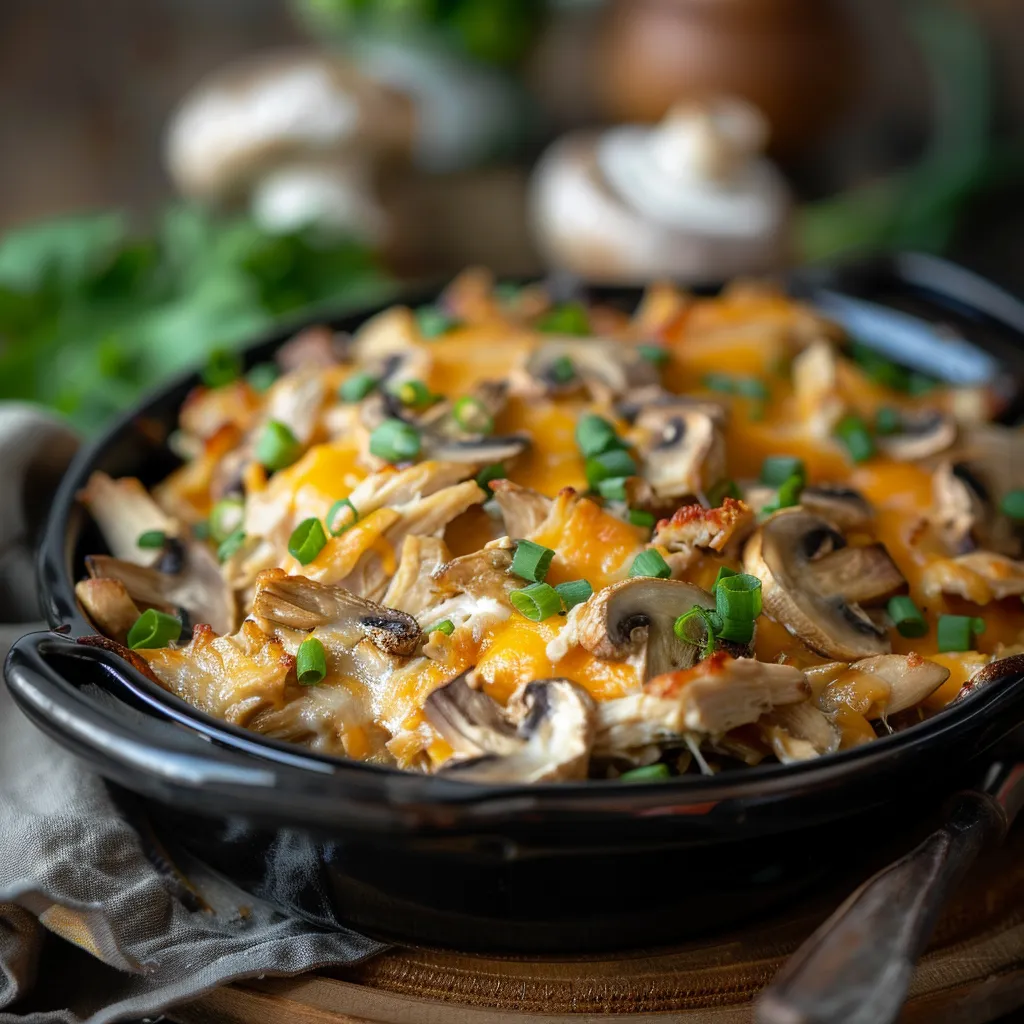 Savory Keto Chicken Casserole with garlic and mushrooms, showcased in warm lighting.