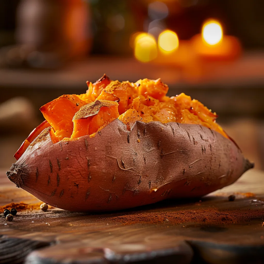 Soft, warm baked sweet potato displayed in an inviting setting with a blurred background.