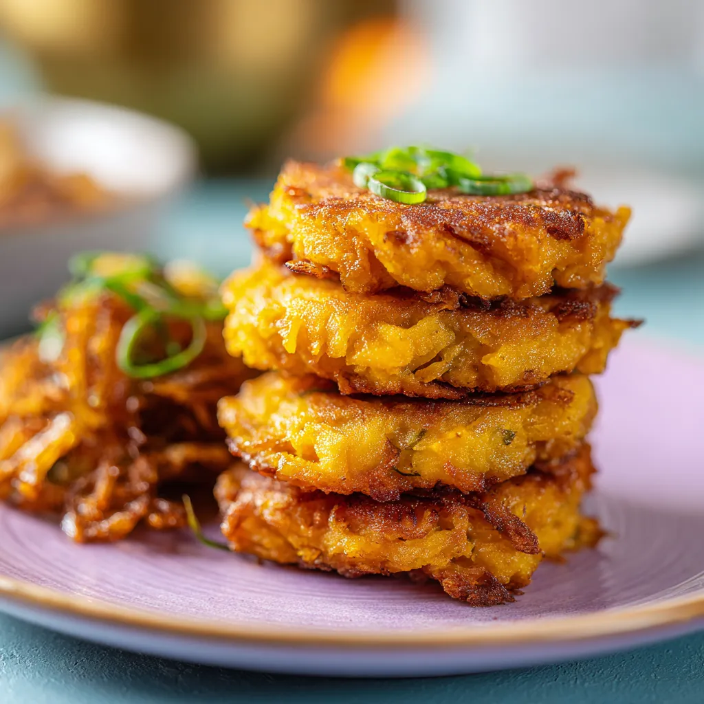 Deliciously browned sweet potato hash browns on a wooden surface, illuminated by warm side lighting.