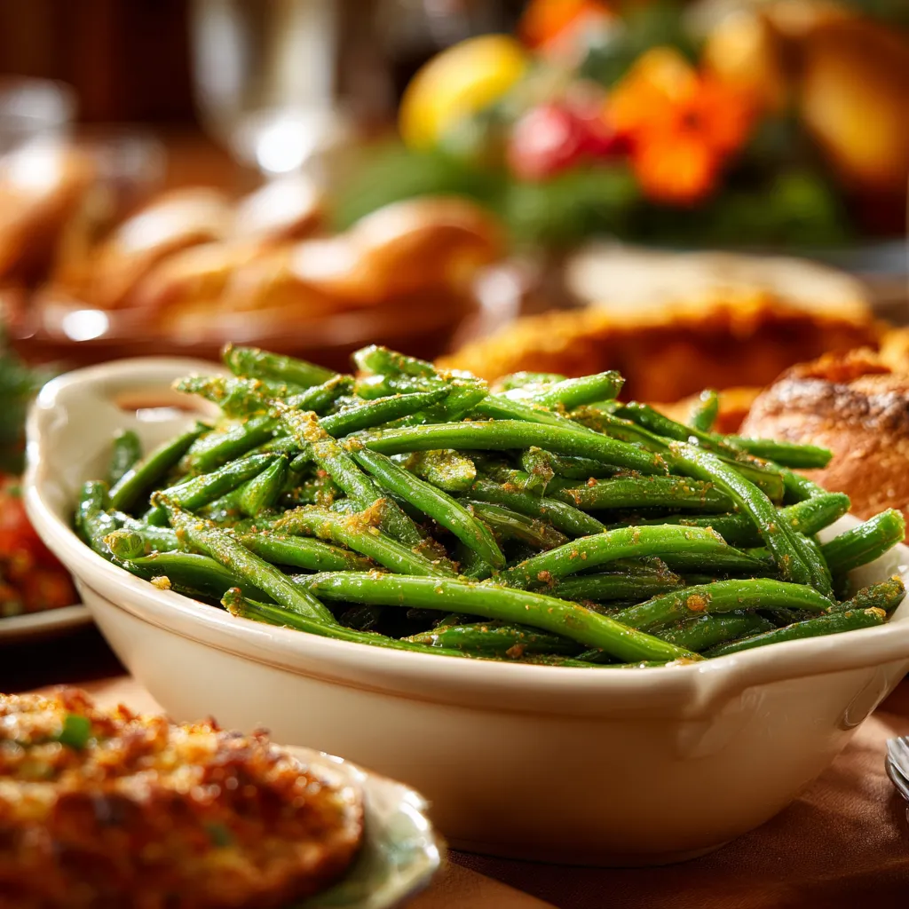 A delicious Thanksgiving green bean dish, showcasing vibrant green beans and golden onion garnish.