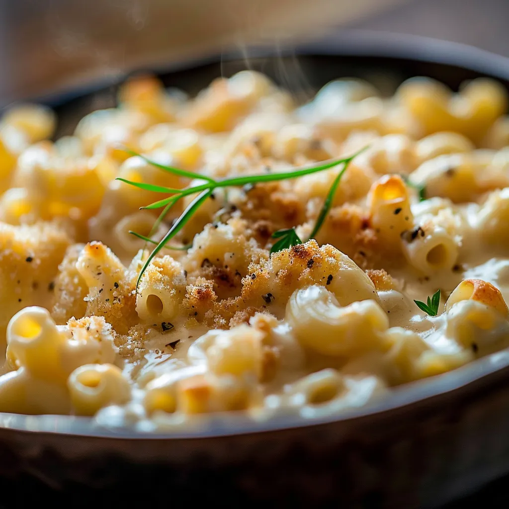 Warm bowl of crockpot mac and cheese with a gooey cheese layer and pasta.