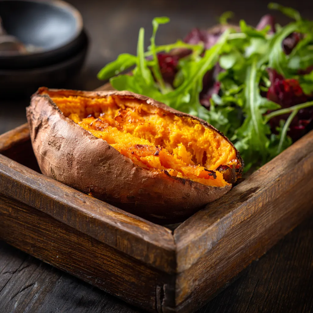 Deliciously glossy caramelized sweet potato halves, highlighted by soft lighting and shadows.
