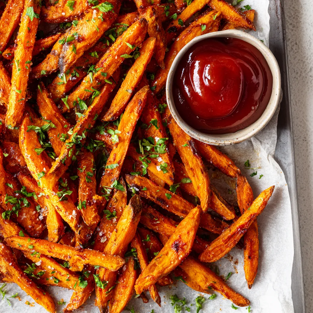 Textured sweet potato fries displayed artfully, illuminated by soft, warm lighting.