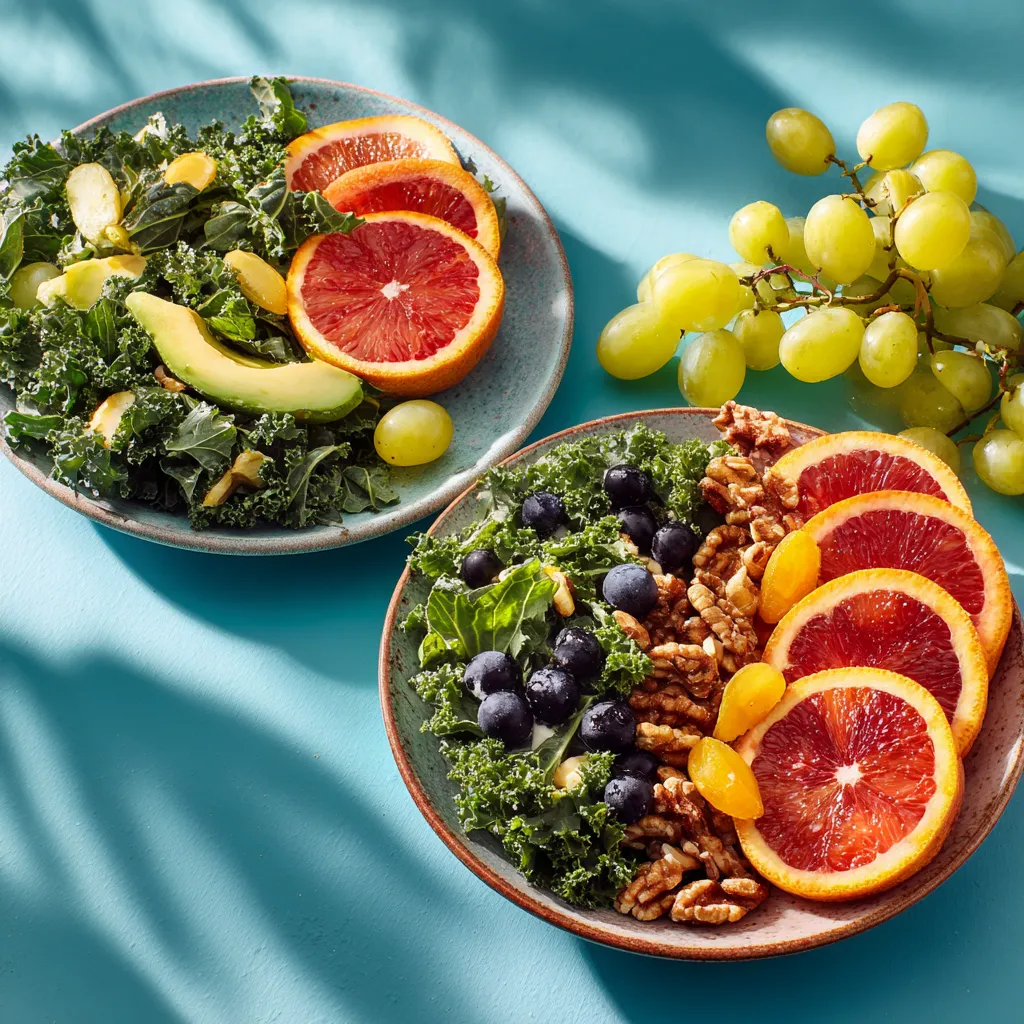 An appetizing food shot of a salad containing greens, tomatoes, cucumbers, and almonds, illuminated by warm natural light.