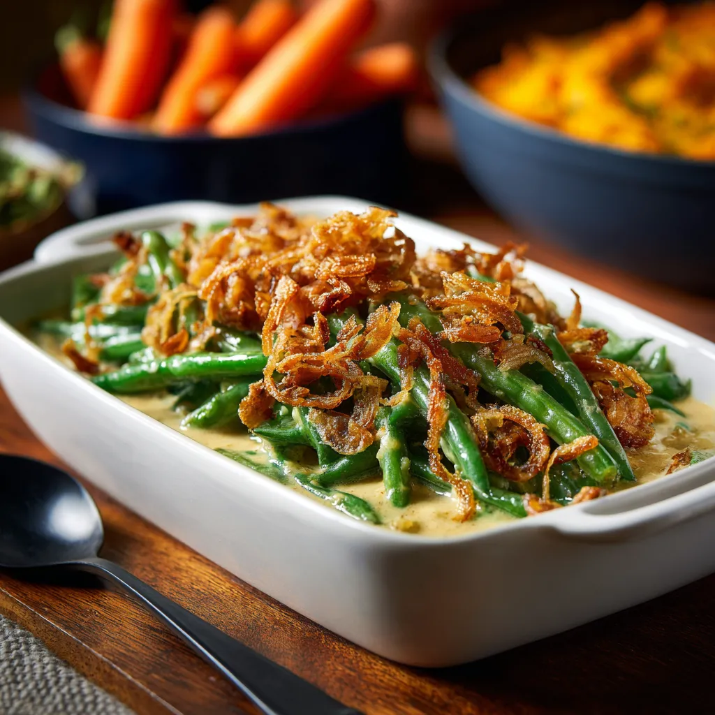 Delicious Campbell’s green bean casserole with a golden crust and soft green beans.