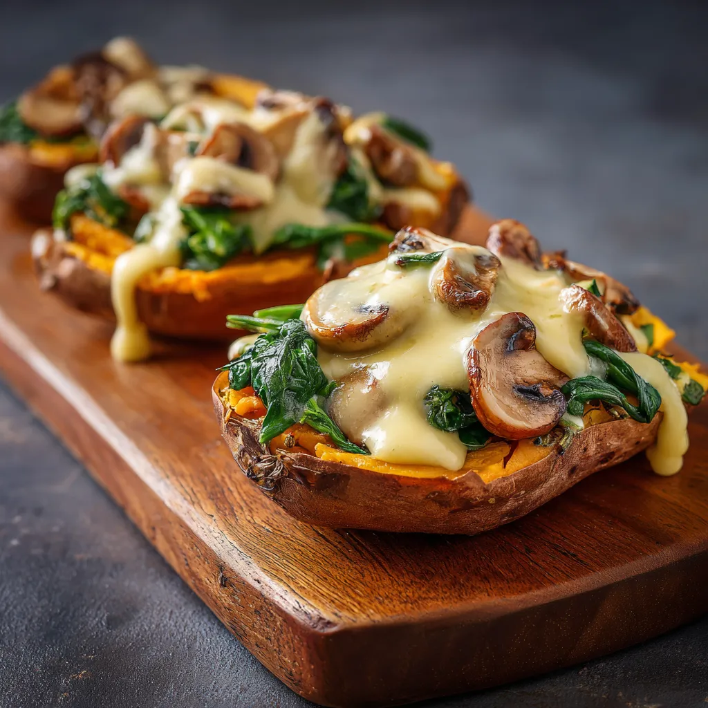Eye-level view of half a sweet potato filled with savory mushroom and spinach filling, set against a blurred background.