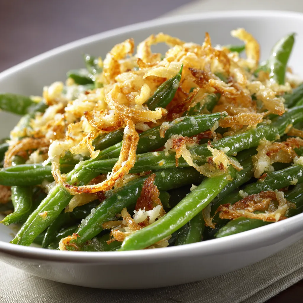 Eye-level perspective of a mouthwatering green bean casserole, highlighting the creamy sauce and crispy layer.