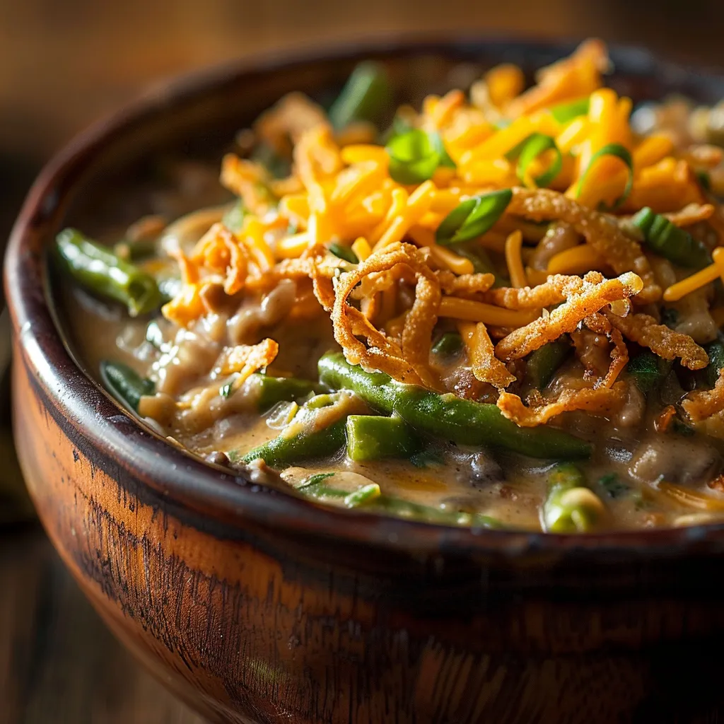 Delicious green bean casserole in a crockpot, highlighting the layers of cheese and fried onions.