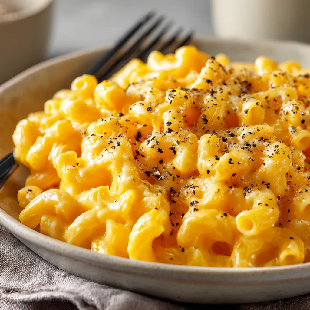 Delicious bowl of mac and cheese showcasing gooey cheese and soft pasta, illuminated by warm light.