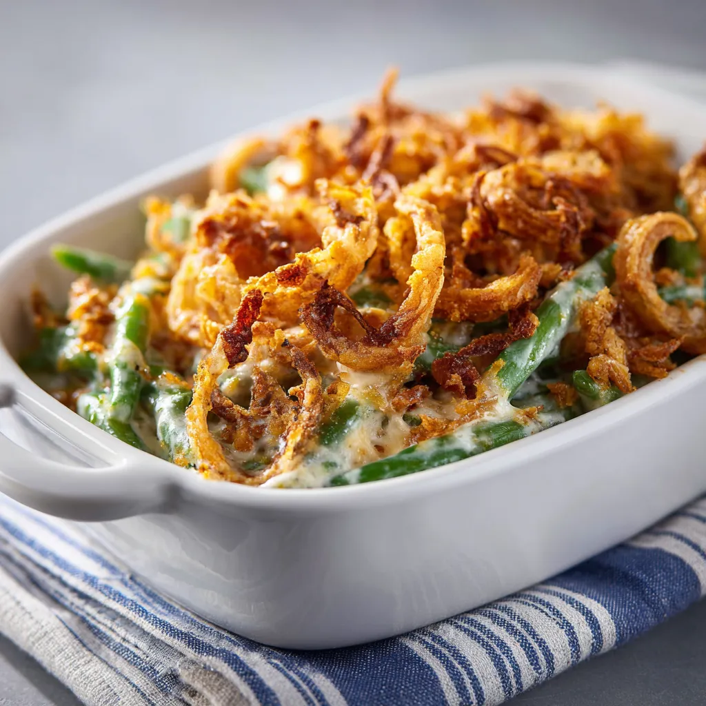 Delicious green bean casserole featuring layers of green beans, cream sauce, and cheese.