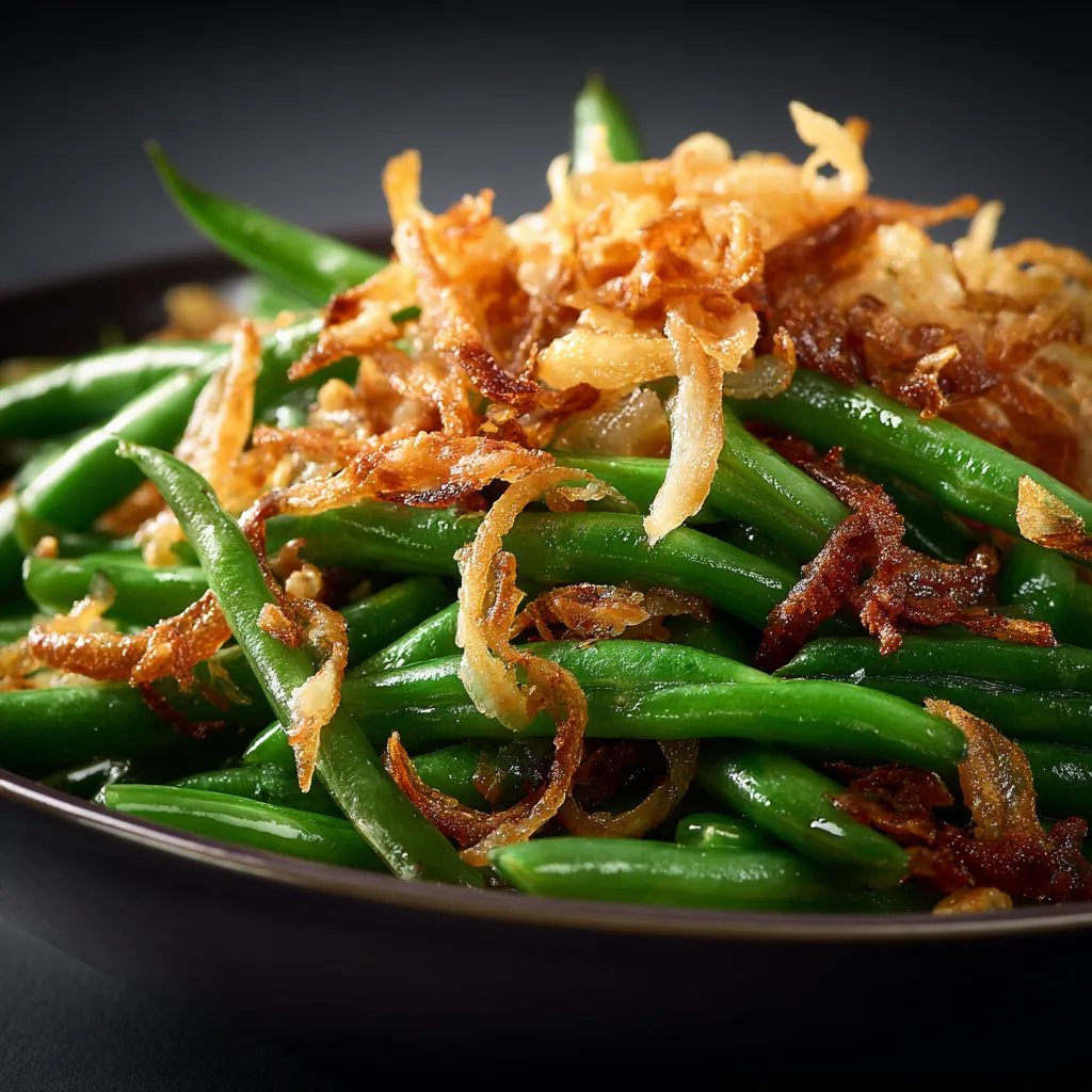 Appetizing Crock Pot green bean casserole garnished with crunchy onion rings, showcased in warm natural light.