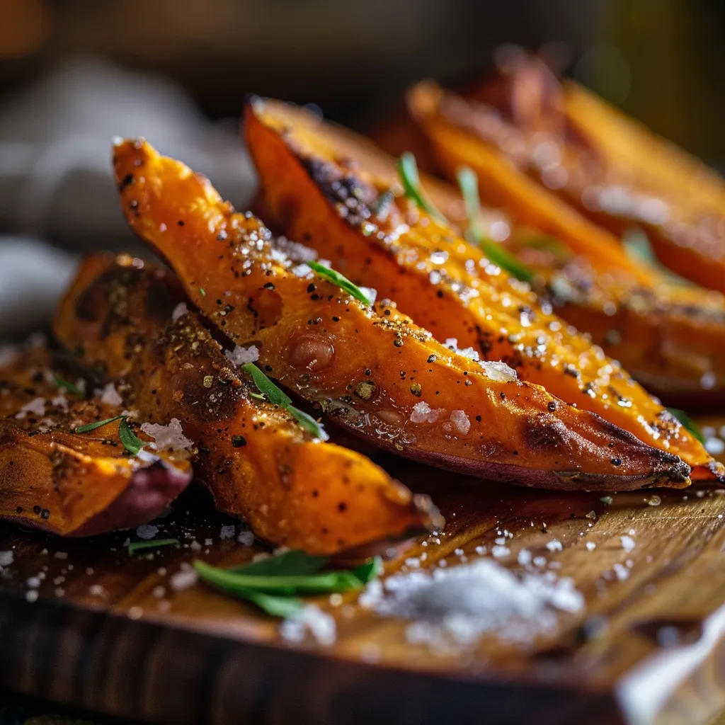 Delicious sweet potato fries on a rustic table, with warm lighting creating a cozy atmosphere.