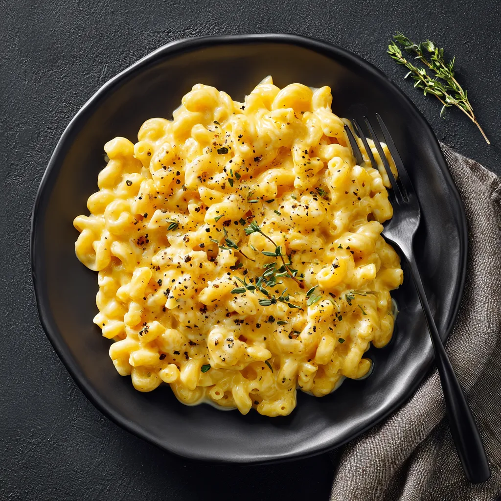 Eye-level shot of a comforting dish of Mac and Cheese in a cozy setting.