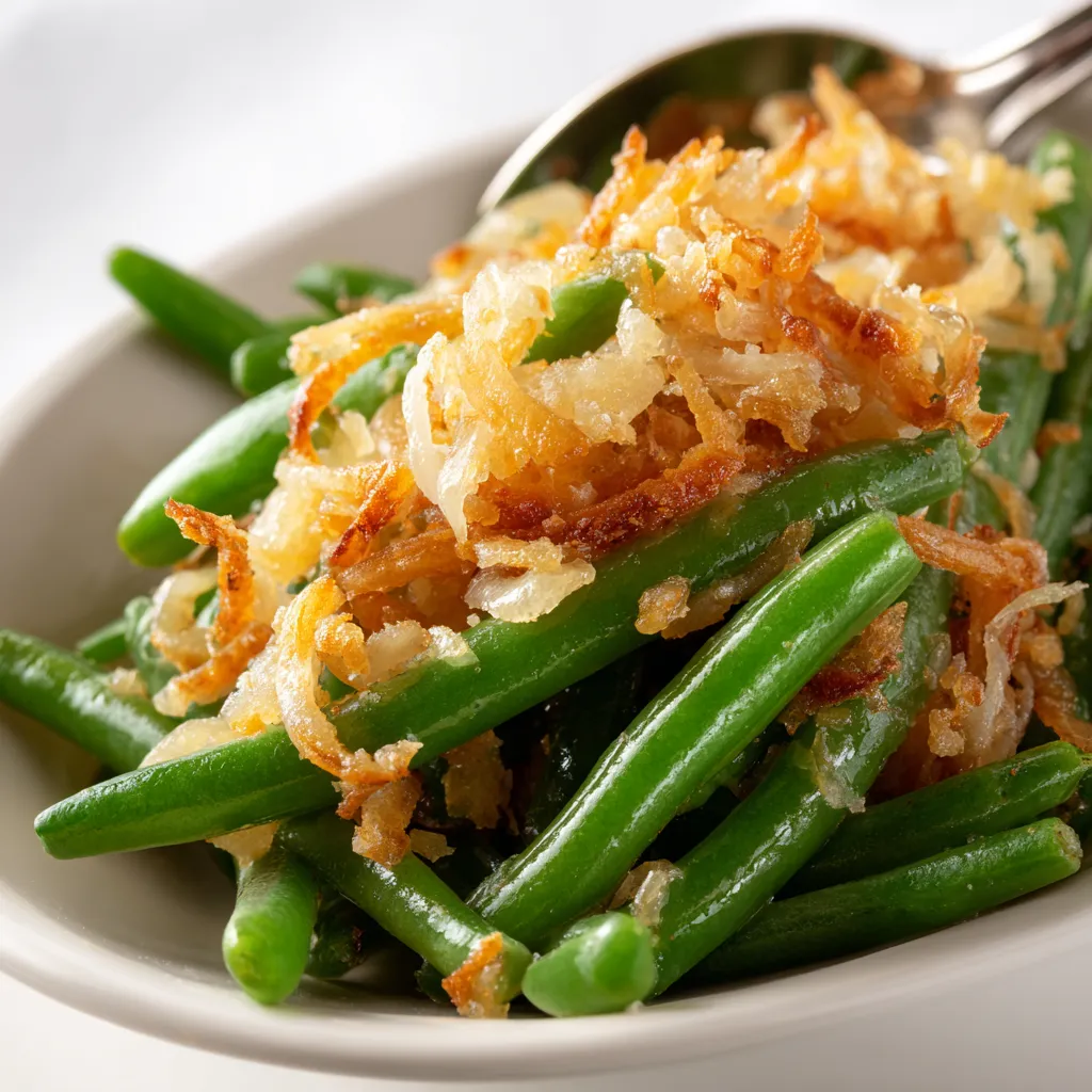 An appetizing green bean casserole presented in a rustic dish, showcasing layers of creamy texture and golden toppings.