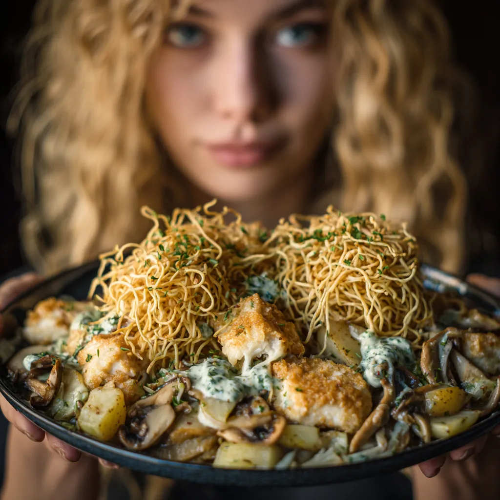 Eye-level shot of a bubbling green bean casserole garnished with fried onions and cheese.