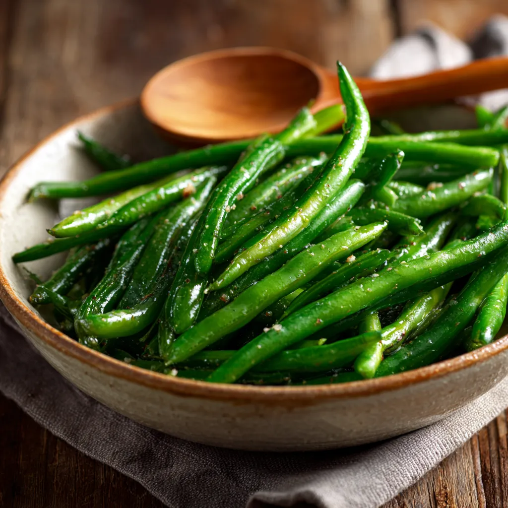 Fresh green beans in a slow cooker, illuminated by warm, natural light.