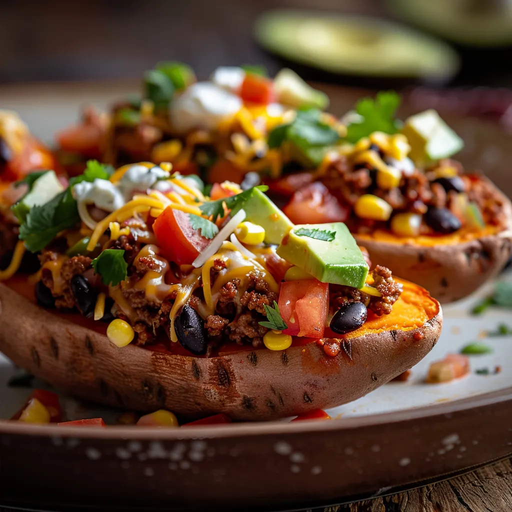 A delicious taco stuffed sweet potato on a rustic plate, showcasing melting cheese and fresh toppings in soft lighting.