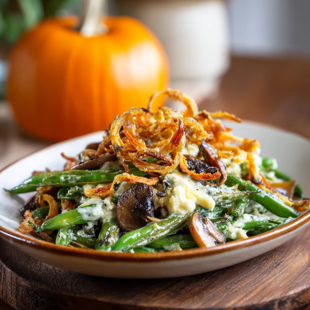 Delicious Green Bean Casserole served in a rustic dish, showcasing its creamy texture and crispy topping.