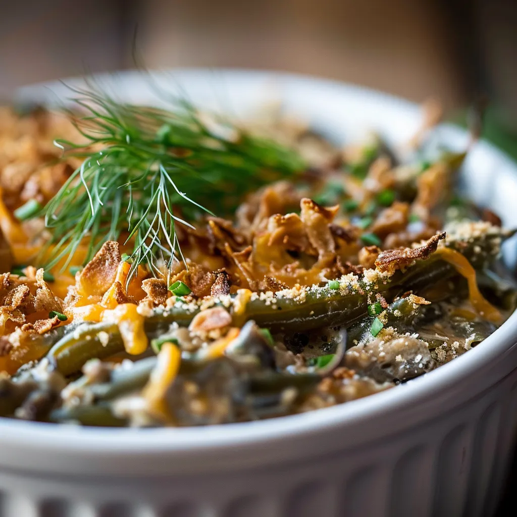 Eye-level shot of green bean casserole, showcasing fresh green beans and a golden onion topping.