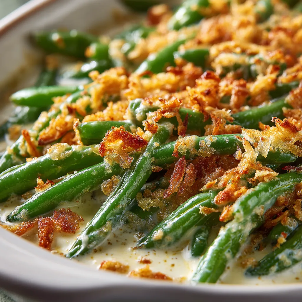 A serving of green bean casserole on a plate, showcasing green beans and melted cheese.