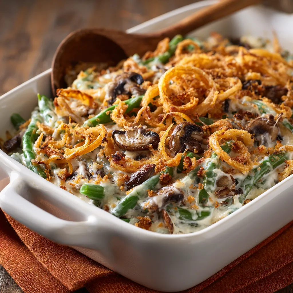 Delicious Green Bean Casserole with a crispy, golden crust, illuminated by soft natural light.