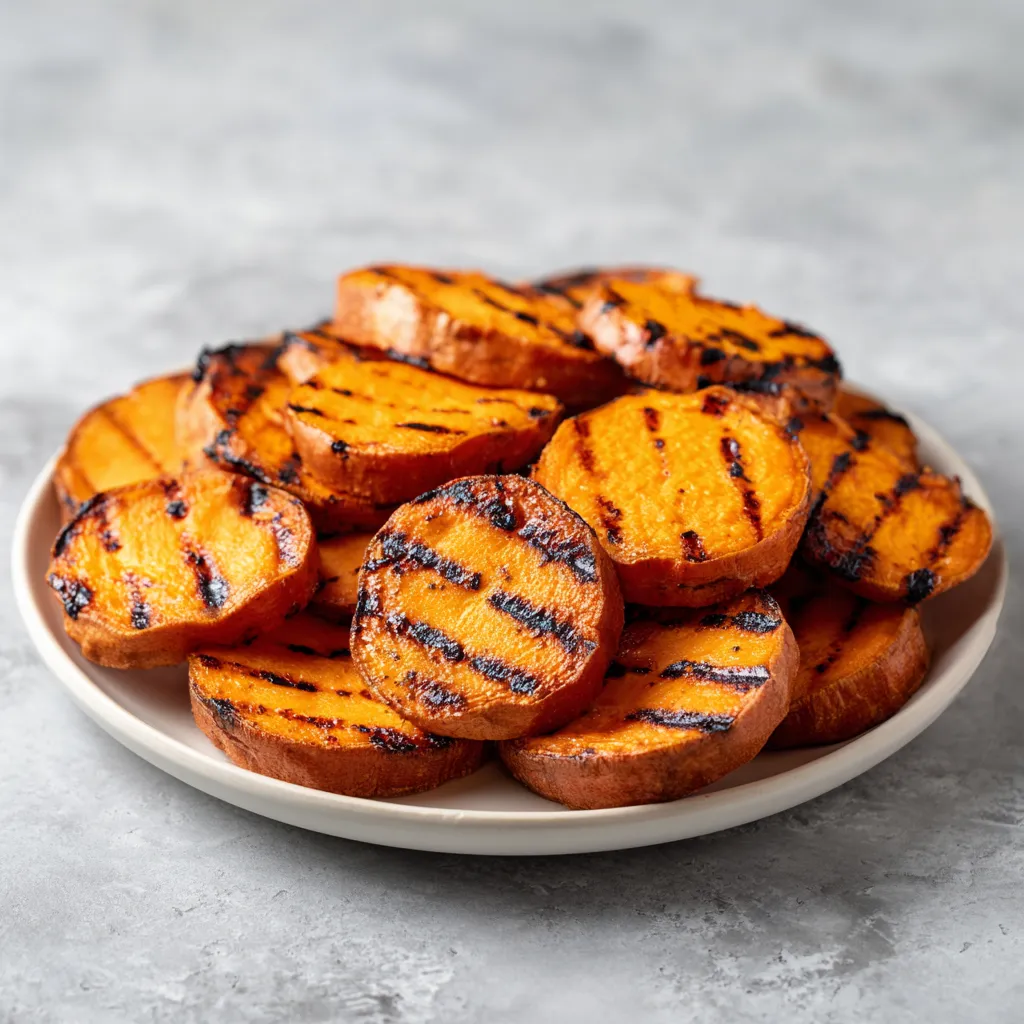 Eye-level shot of honey-glazed sweet potatoes on a rustic plate, garnished with parsley.