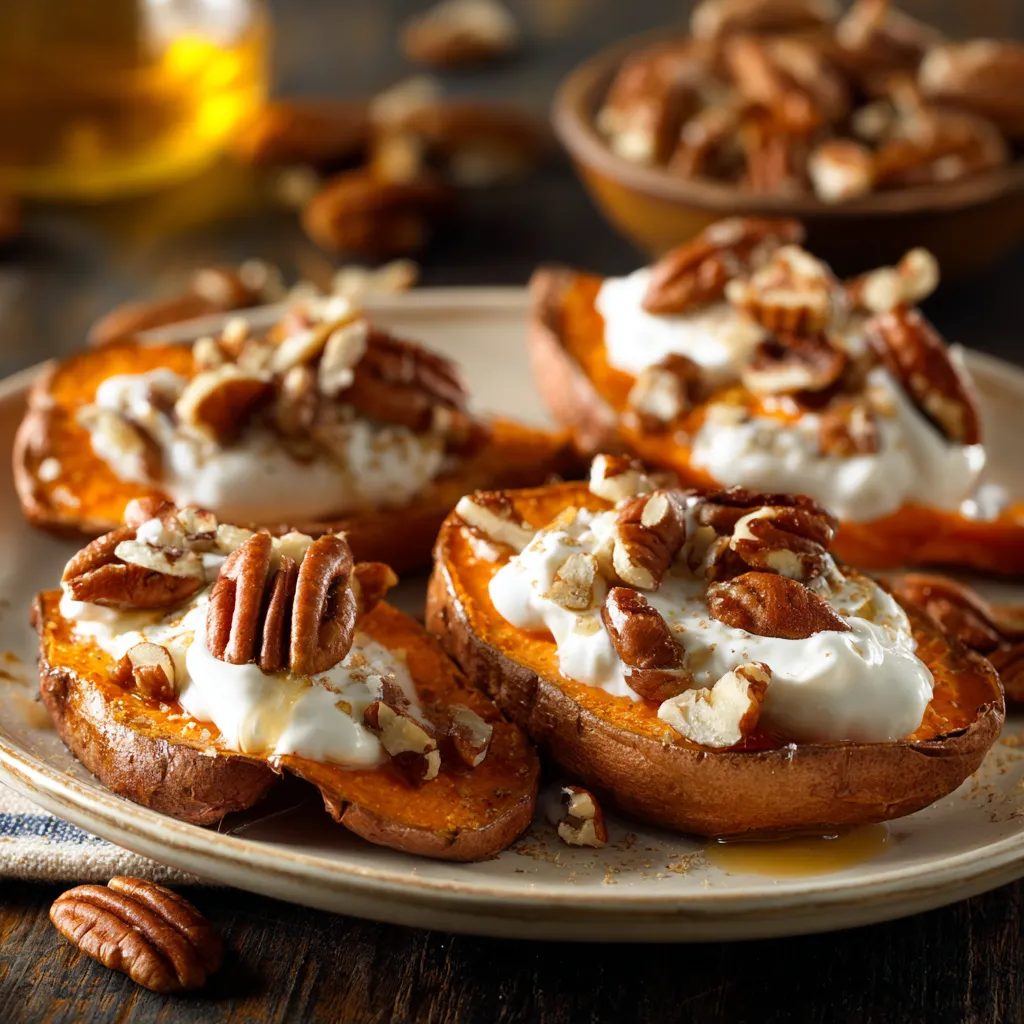 An appetizing dish of maple Dijon roasted sweet potatoes, highlighting the glaze and soft shadows.