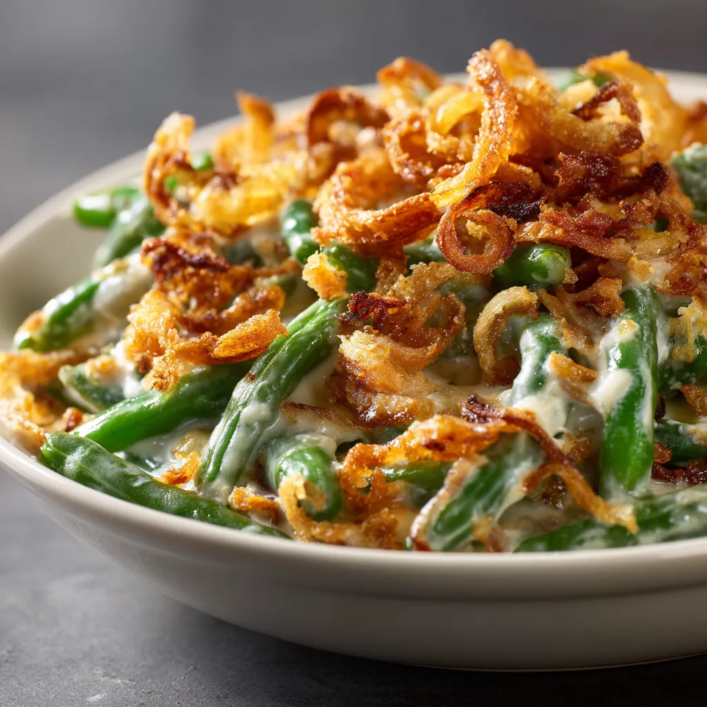 A beautifully presented Southern Green Bean Casserole with a golden, crispy topping, surrounded by a blurred background for focus.