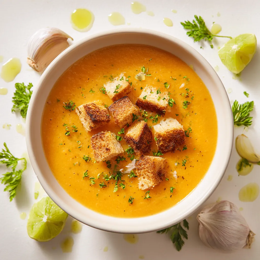 A delicious serving of roasted sweet potato soup with a hint of coconut milk, surrounded by a cozy blurred background.