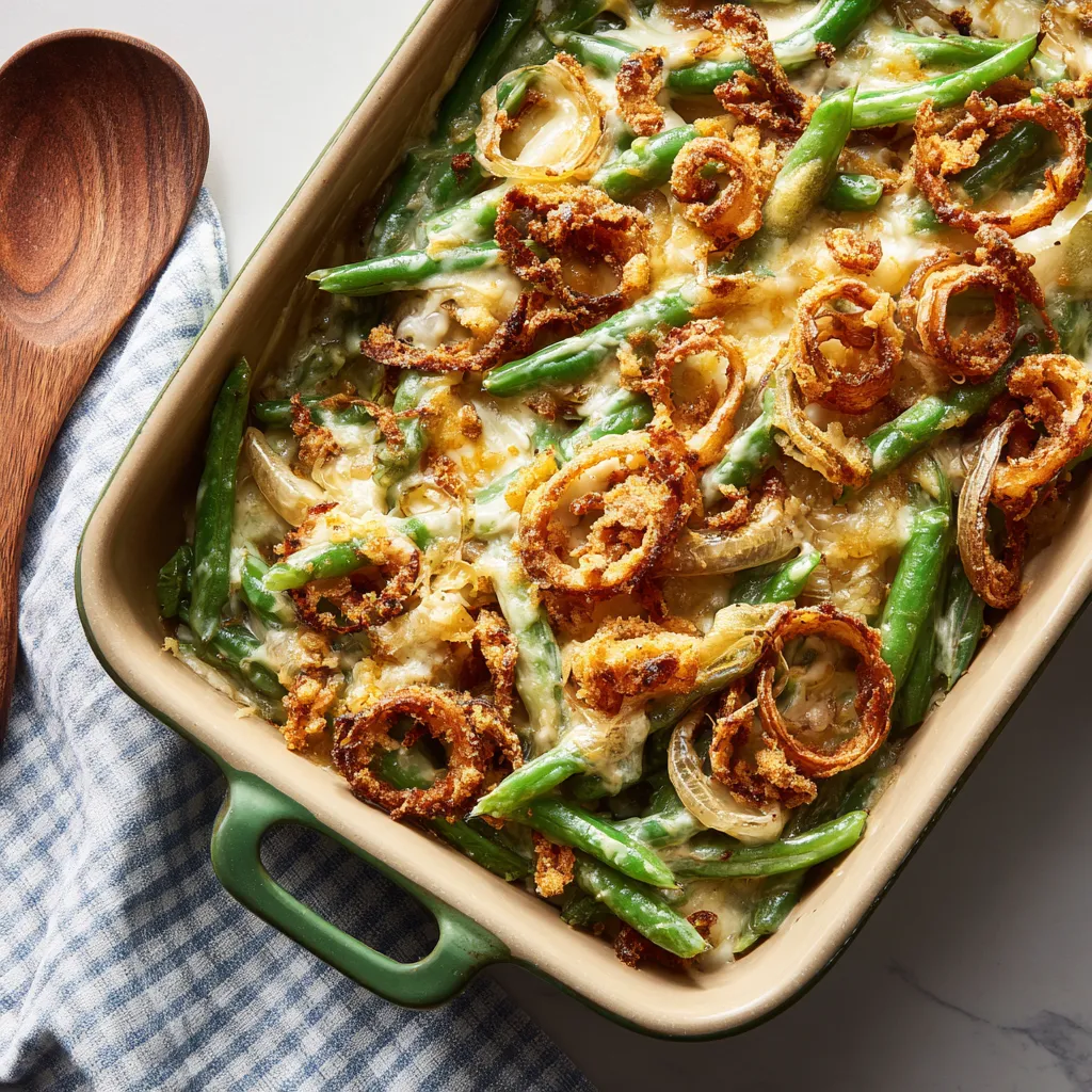 Eye-level shot of Green Bean Casserole, highlighting the rich sauce and green beans.