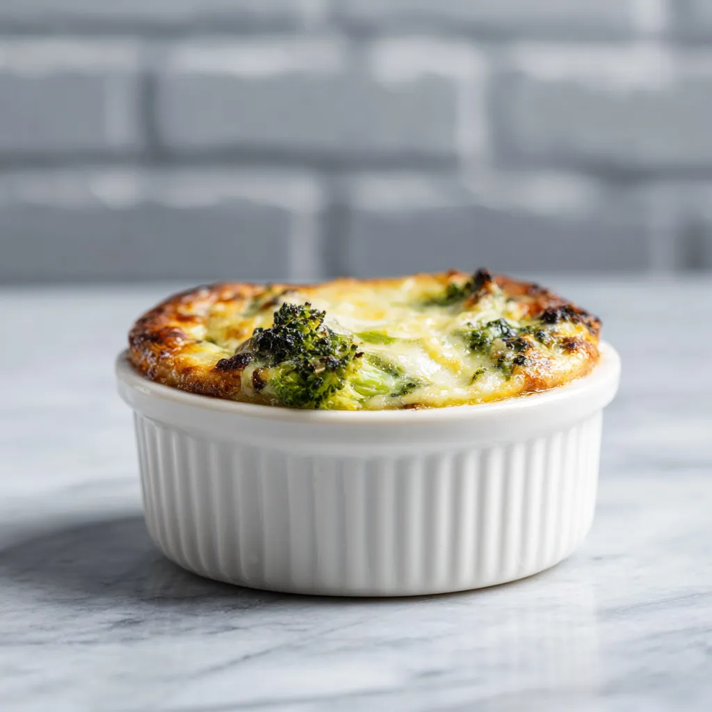 An appetizing broccoli casserole with a crusty top, surrounded by a softly blurred kitchen background.