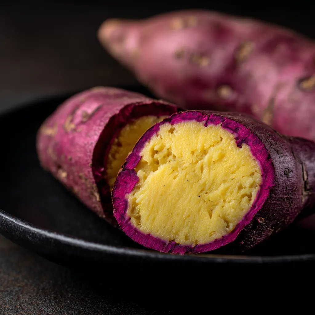 A detailed view of baked Japanese sweet potatoes, highlighting their rich color and inviting texture.