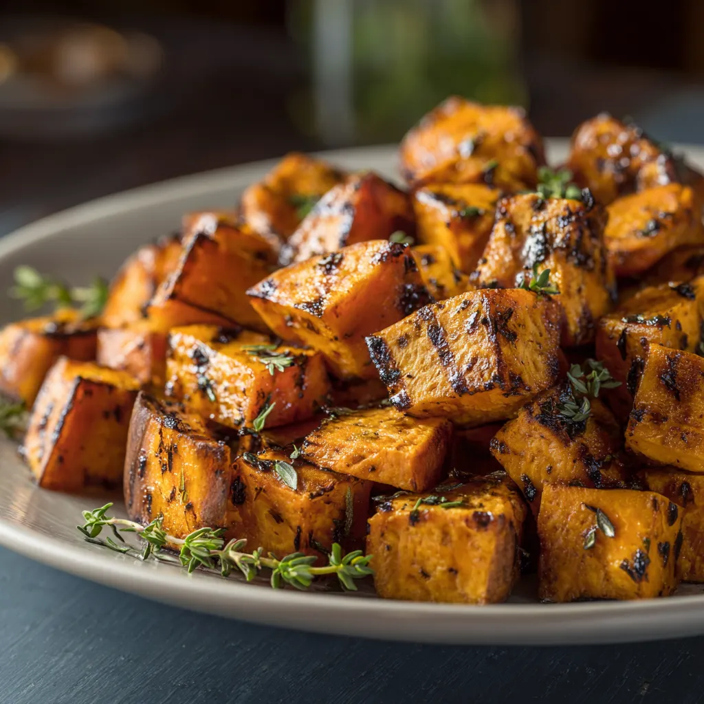 Delicious roasted sweet potatoes highlighted by warm natural light, showcasing their texture.