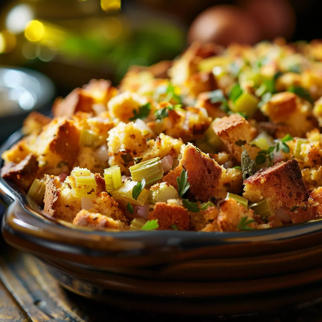 A rich, textured bowl of cornbread stuffing surrounded by a cozy blur.