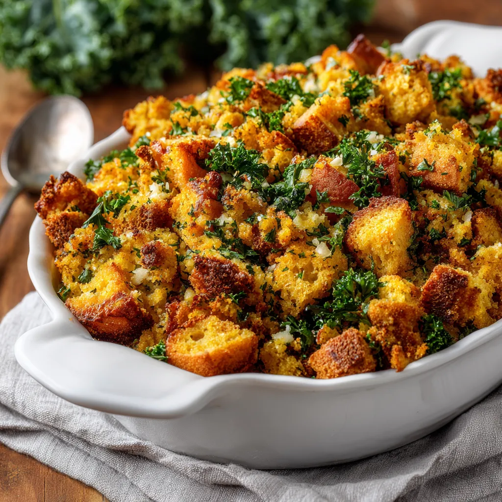 Deliciously textured cornbread stuffing in a rustic setting.