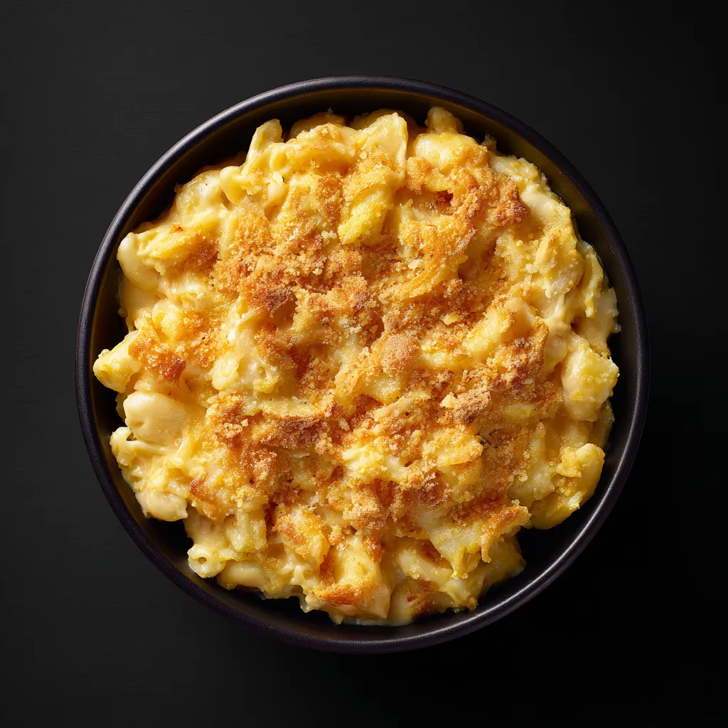 Eye-level shot of macaroni and cheese, showcasing creamy texture and rich color.