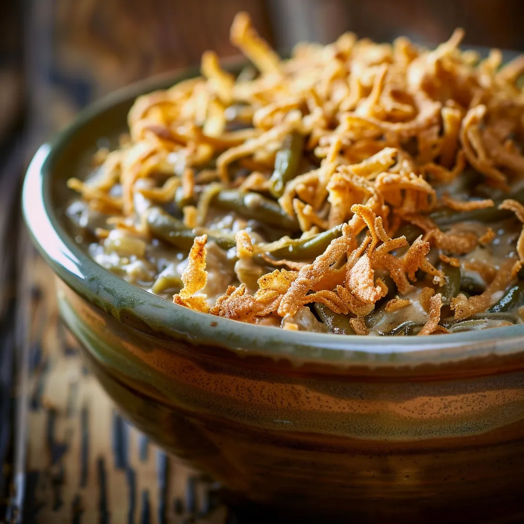 Rich, creamy green bean casserole in a crockpot, showcasing its crispy onion topping.